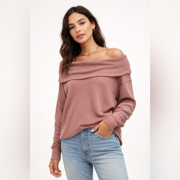 We The Free Sweaters - We The Free Waffle Knit Off-Shoulder Slouchy Top Mauve Pink Size S